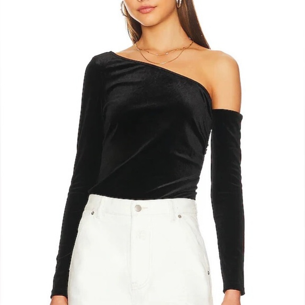 L'AGENCE Hattie Velvet Long Sleeve Off Shoulder Top Size Large Black NEW